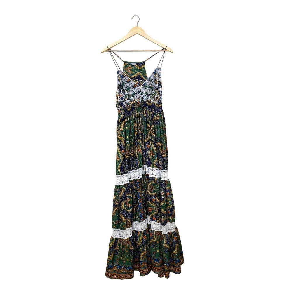 Art Silk Paisley Boho Maxi Dress Green‎ Blue Lace Crochet Tiered Smocked Waist